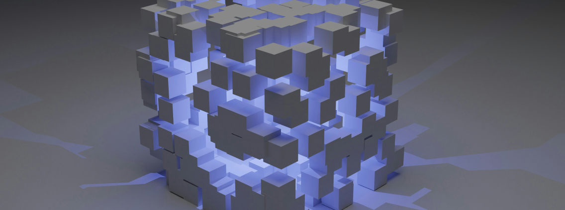 Abstract 3D structure made of floating white cubes with blue lighting, representing data processing, cloud architecture, or digital transformation
