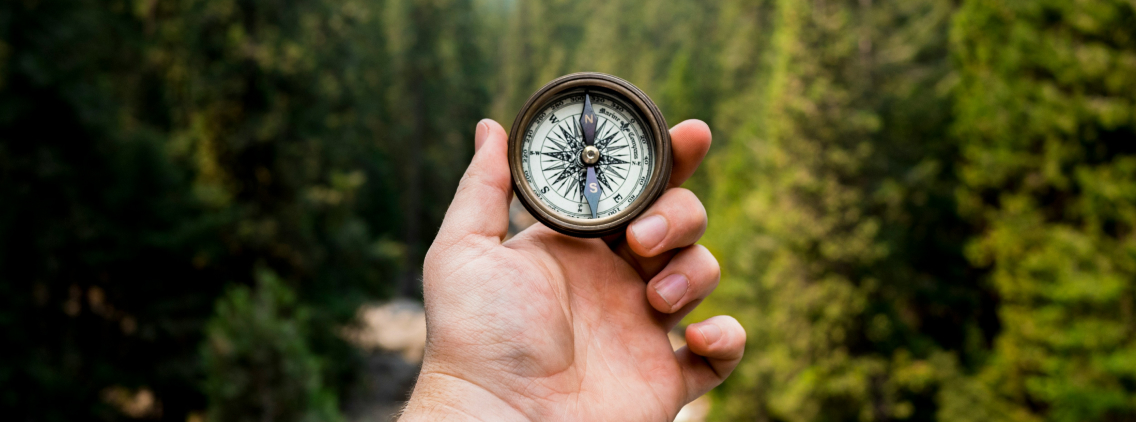 Hand holding a vintage compass with a forest landscape in the background, symbolizing direction and guidance