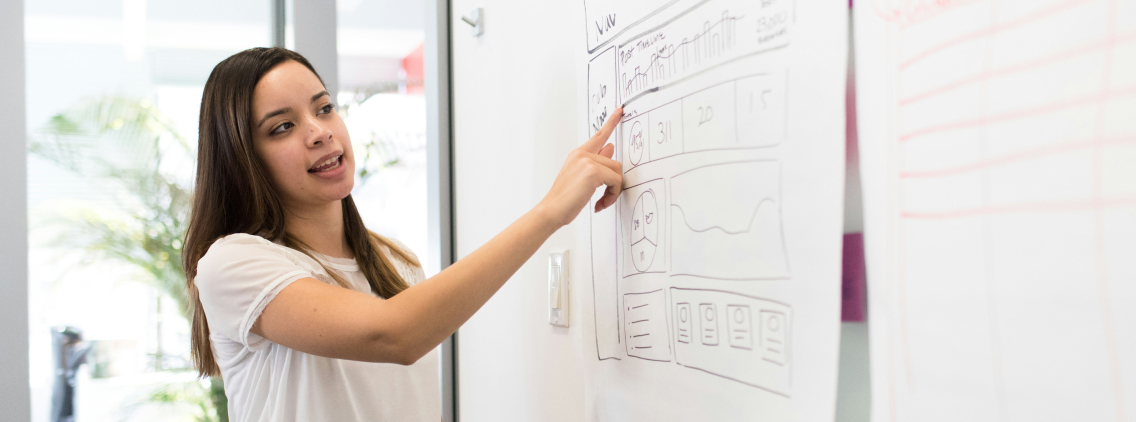 Woman pointing at a whiteboard with sketched charts and wireframes during a presentation or workshop, explaining data or UX strategy in a collaborative workspace