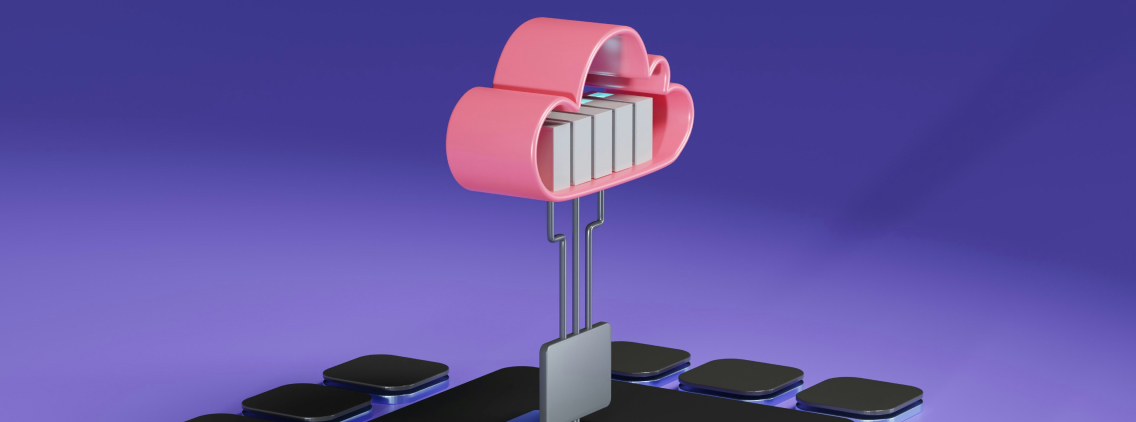 A 3D-rendered illustration of a pink cloud icon floating above a futuristic platform, representing cloud storage or computing. The cloud contains rectangular blocks, resembling data or files. The platform is surrounded by smaller black square elements with metallic edges, arranged symmetrically. The background is a gradient of blue and purple, adding a modern and sleek aesthetic to the composition
