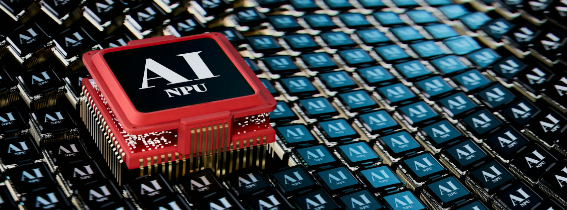 A standout red AI NPU chip among a grid of identical black chips, symbolizing innovation and technological advancement in artificial intelligence.